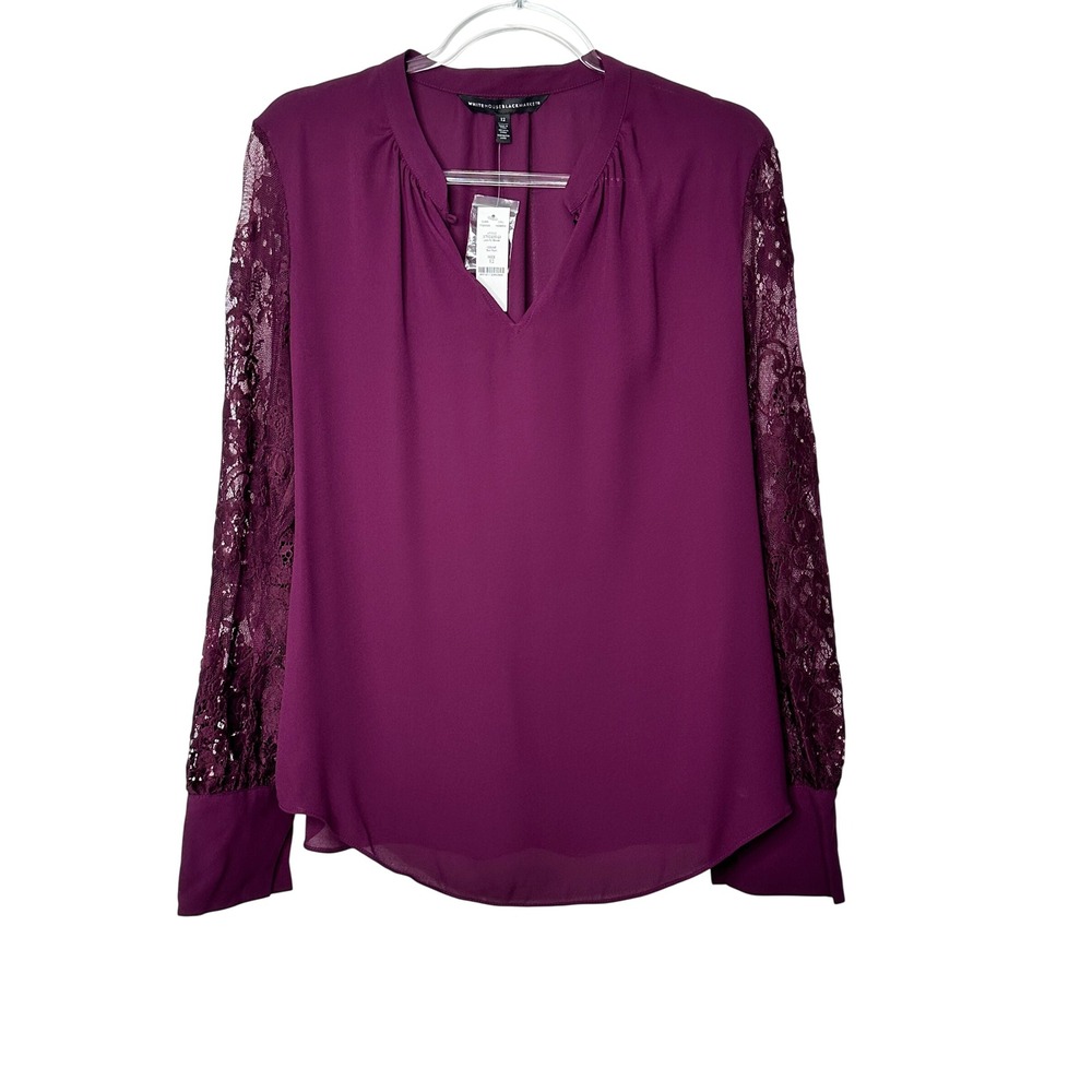 White House Black Market Lace Sleeve Blouse Size 12 Rich Plum Split Neck New